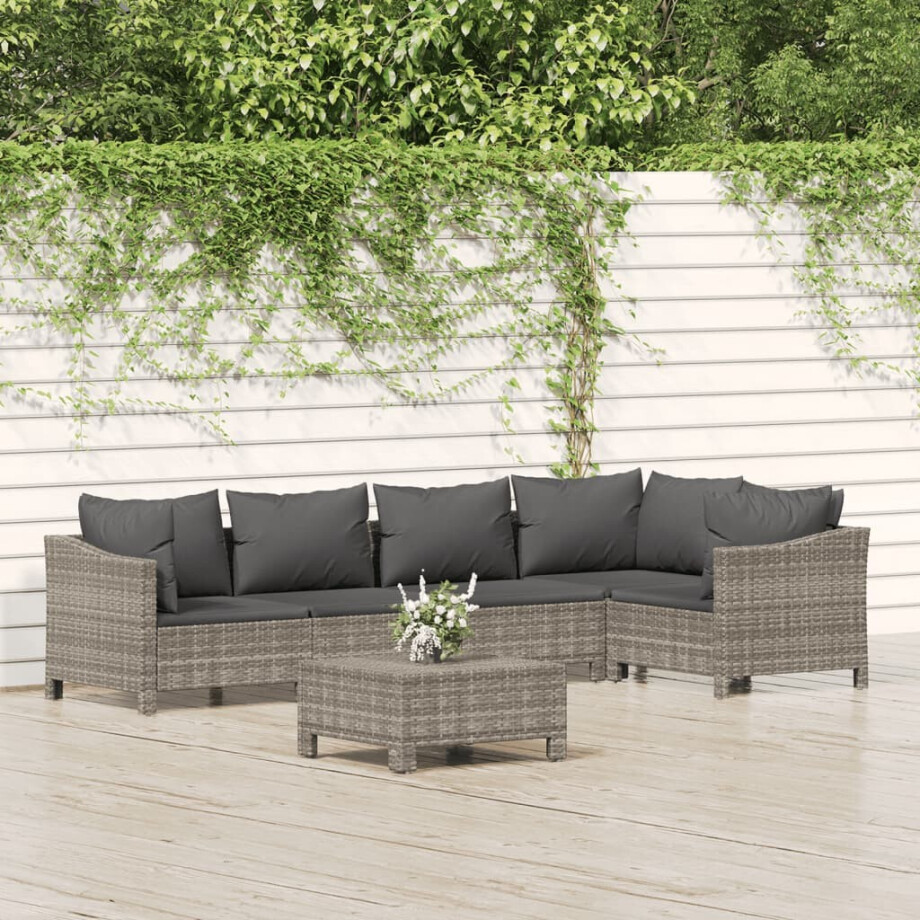 vidaXL 6-delige Loungeset met kussens poly rattan grijs afbeelding 1