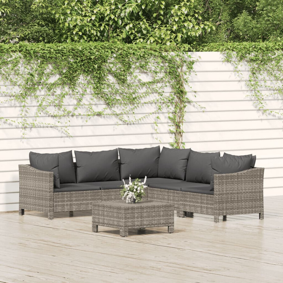 vidaXL 6-delige Loungeset met kussens poly rattan grijs afbeelding 1