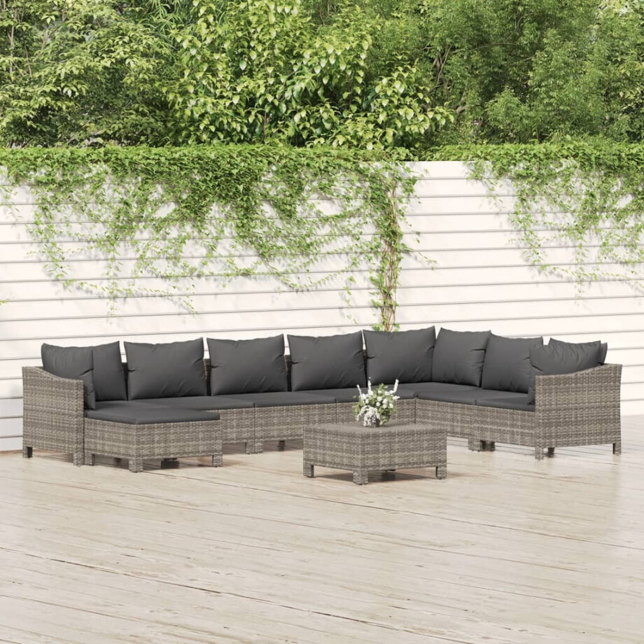 vidaXL 9-delige Loungeset met kussens poly rattan grijs afbeelding 1