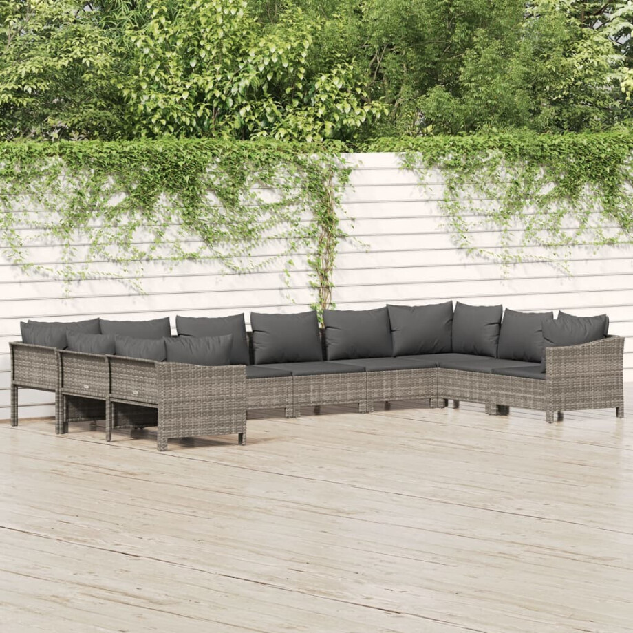 vidaXL 10-delige Loungeset met kussens poly rattan grijs afbeelding 1