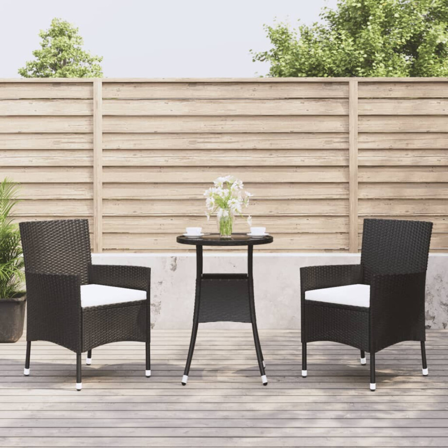 vidaXL 3-delige Bistroset met kussens poly rattan zwart afbeelding 1