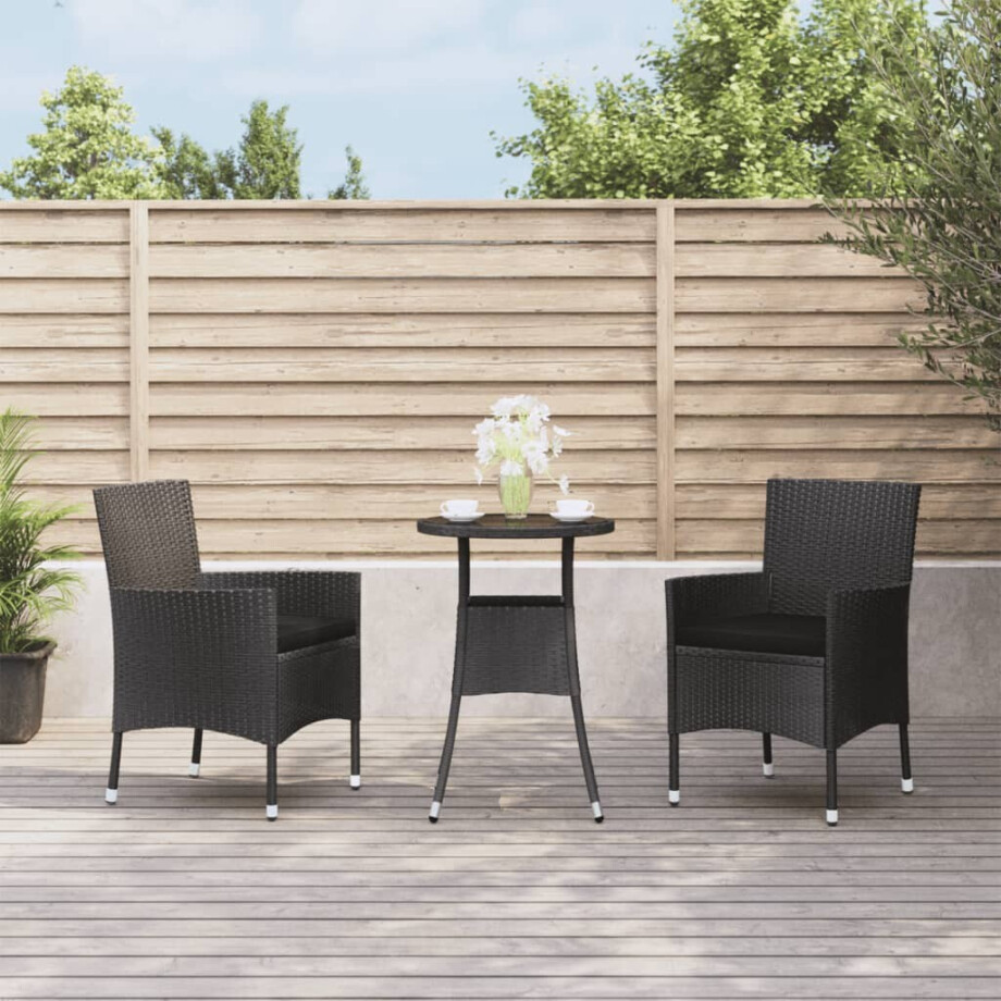 vidaXL 3-delige Bistroset met kussens poly rattan zwart afbeelding 1
