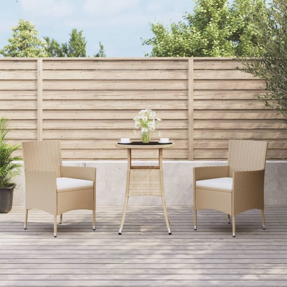 vidaXL 3-delige Bistroset met kussens poly rattan beige vidaXL 3-delige Bistroset met kussens poly rattan beige afbeelding 1