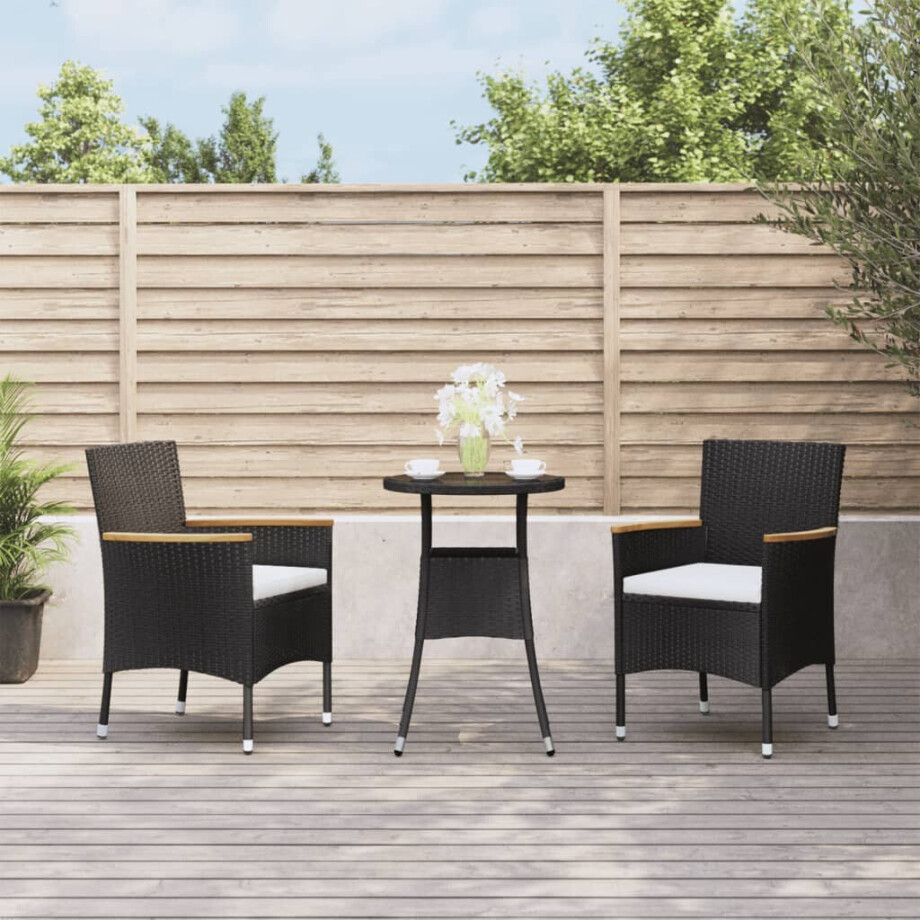 vidaXL 3-delige Bistroset met kussens poly rattan zwart afbeelding 1