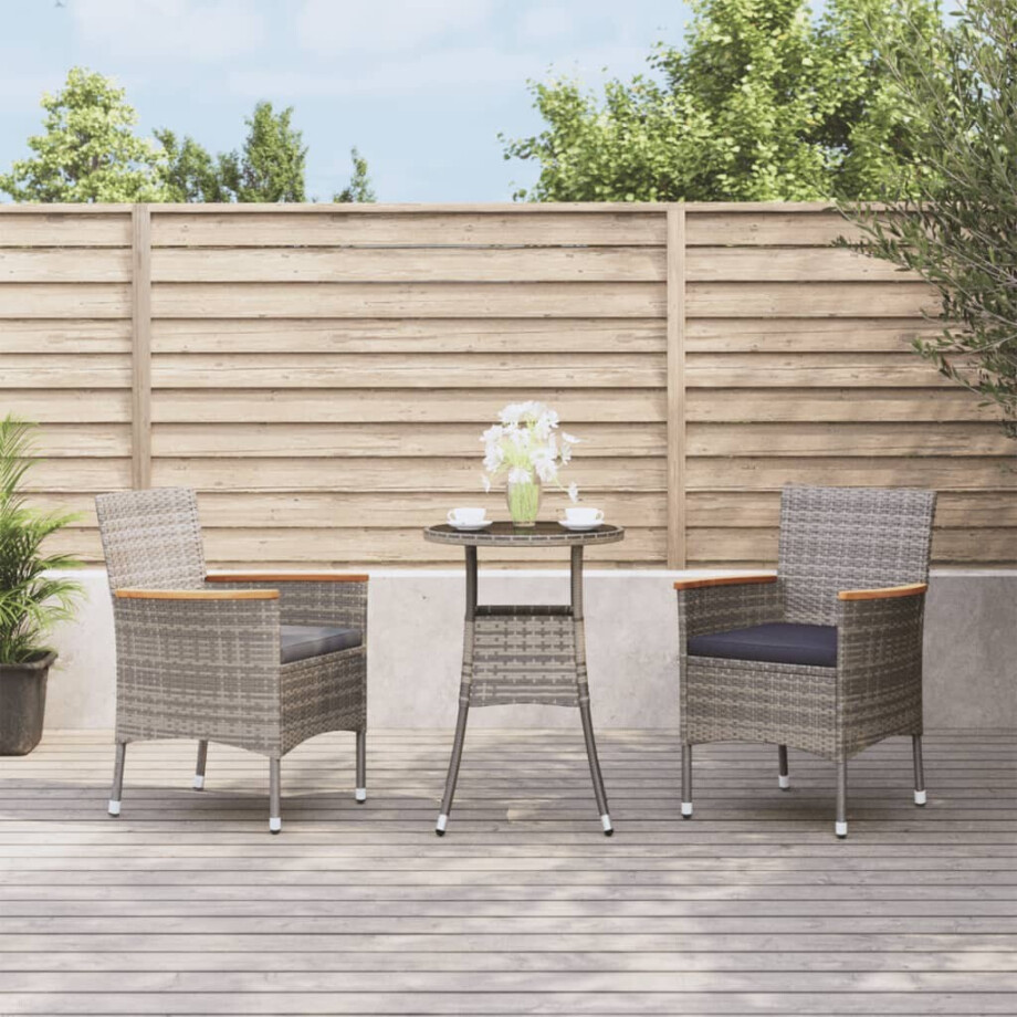 vidaXL 3-delige Bistroset met kussens poly rattan grijs afbeelding 1