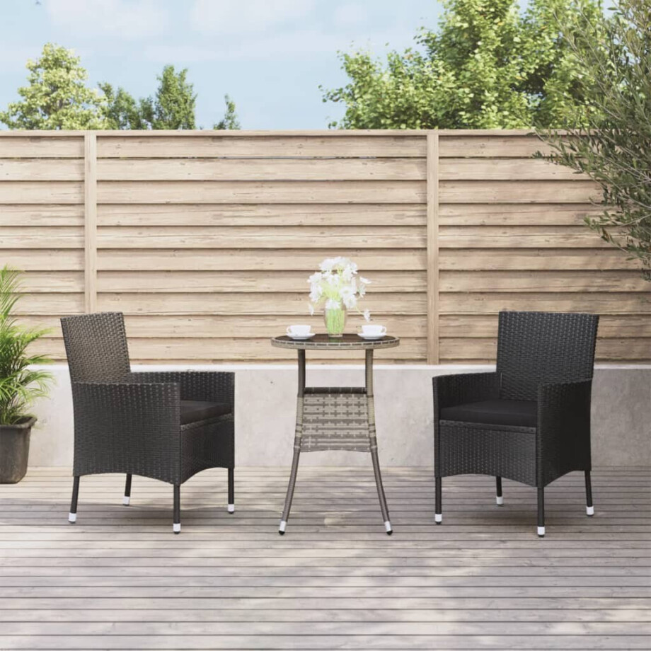 vidaXL 3-delige Bistroset met kussens poly rattan zwart afbeelding 1
