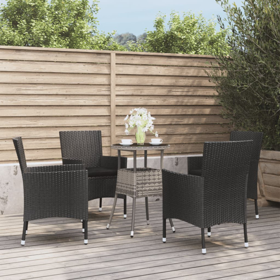 vidaXL 5-delige Bistroset met kussens poly rattan zwart afbeelding 1