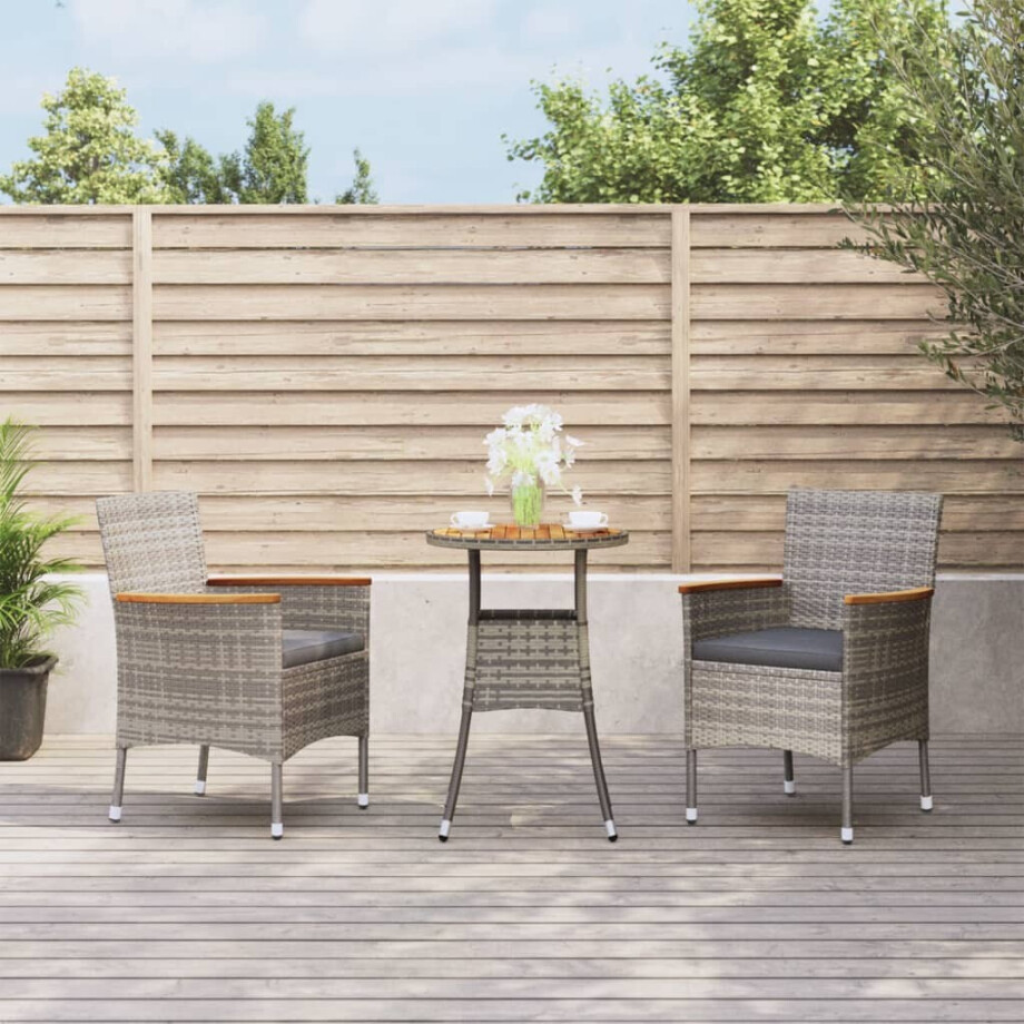 vidaXL 3-delige Bistroset met kussens poly rattan grijs afbeelding 1