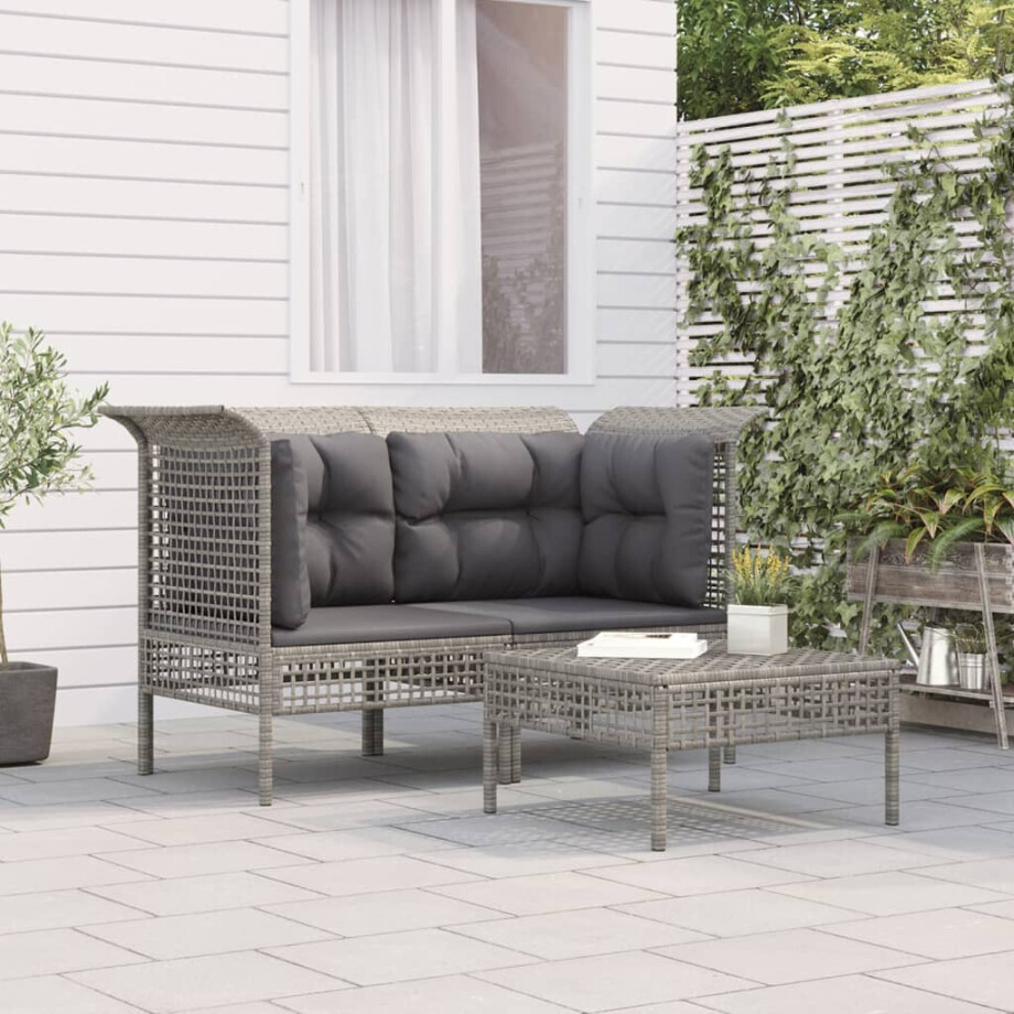 vidaXL 3-delige Loungeset met kussens poly rattan grijs afbeelding 1
