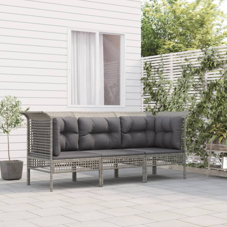 vidaXL 3-delige Loungeset met kussens poly rattan grijs afbeelding 1