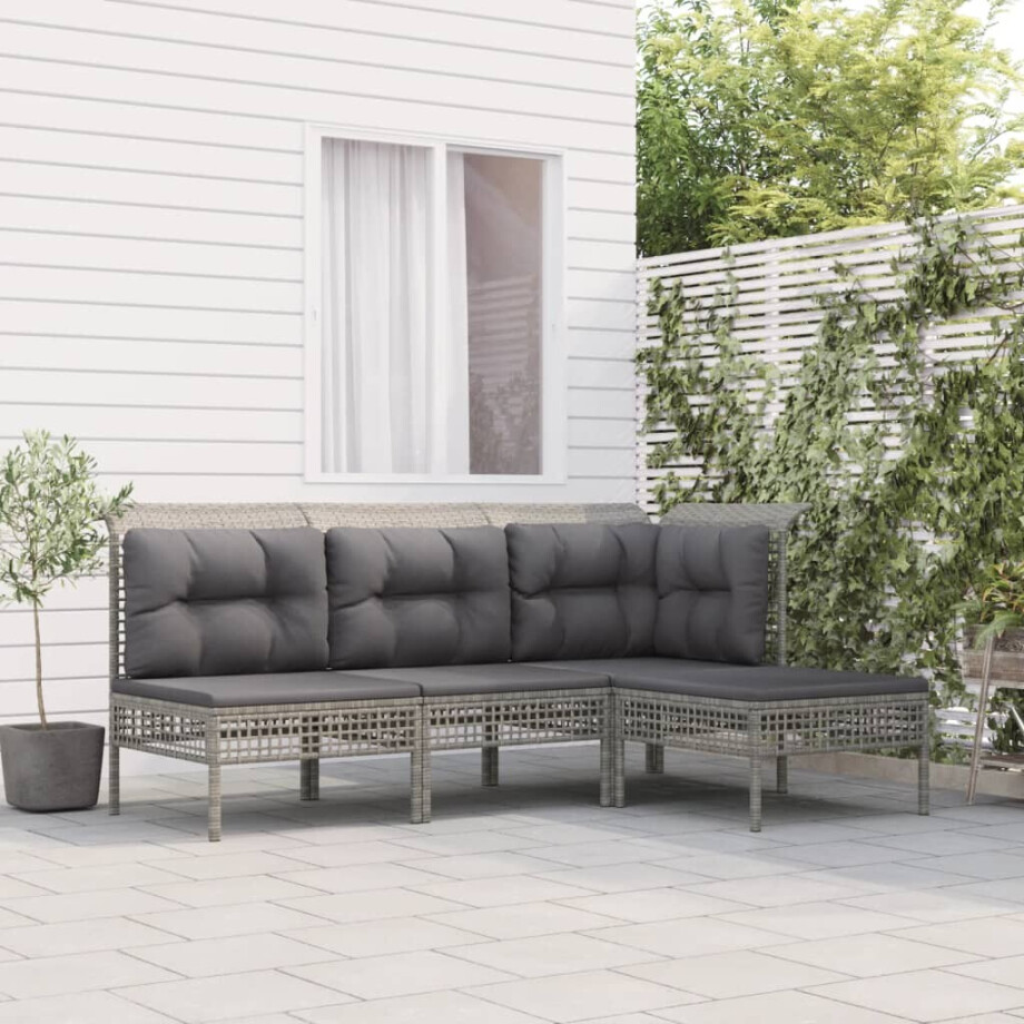 vidaXL 4-delige Loungeset met kussens poly rattan grijs afbeelding 1