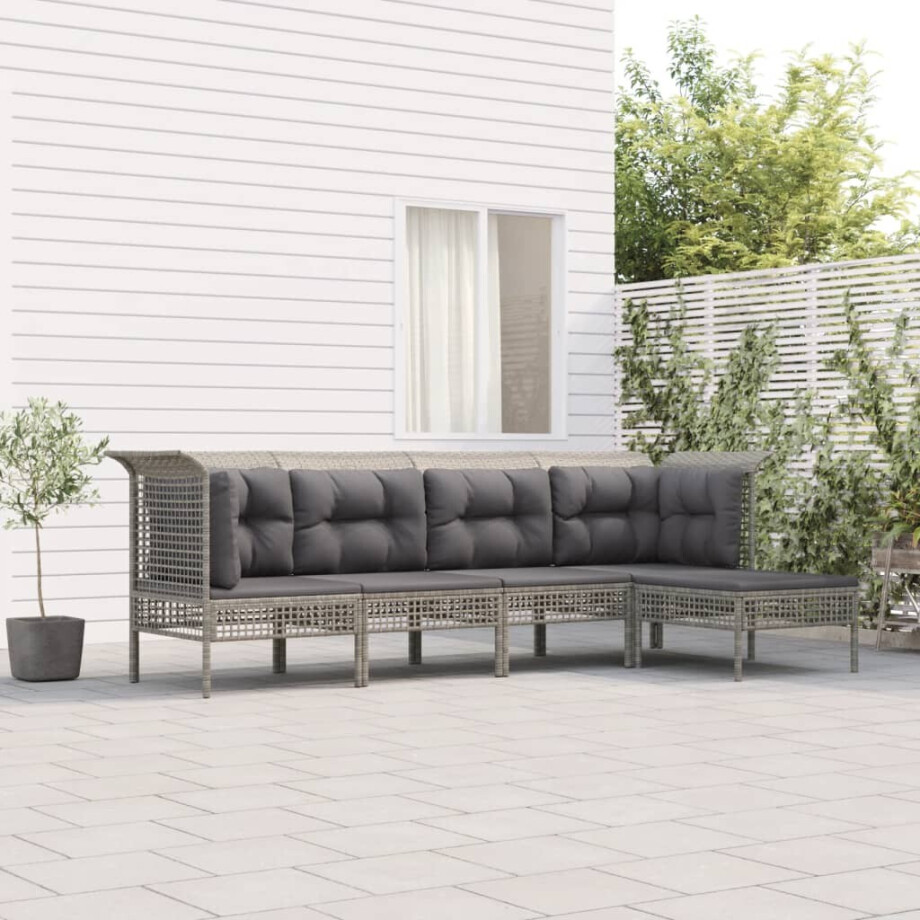 vidaXL 5-delige Loungeset met kussens poly rattan grijs afbeelding 1