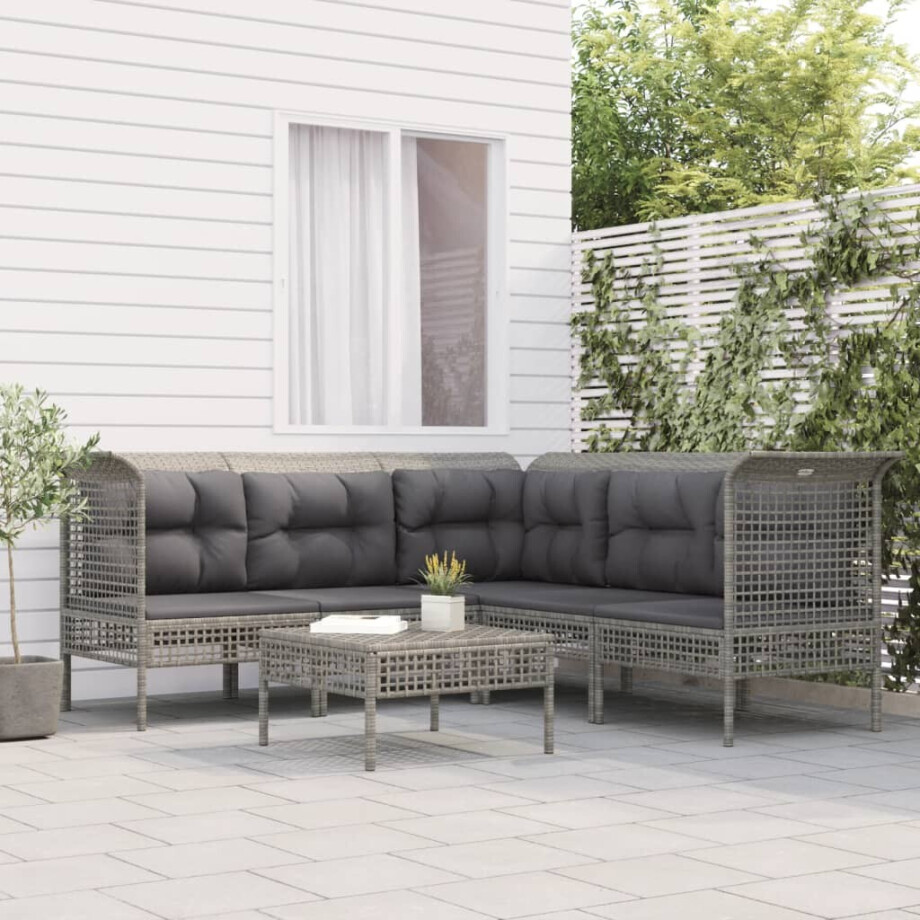vidaXL 6-delige Loungeset met kussens poly rattan grijs afbeelding 1