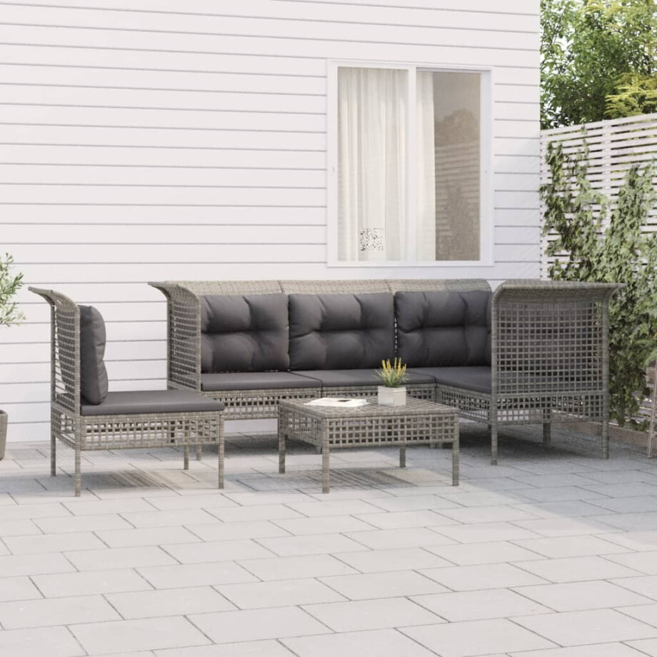 vidaXL 6-delige Loungeset met kussens poly rattan grijs afbeelding 1