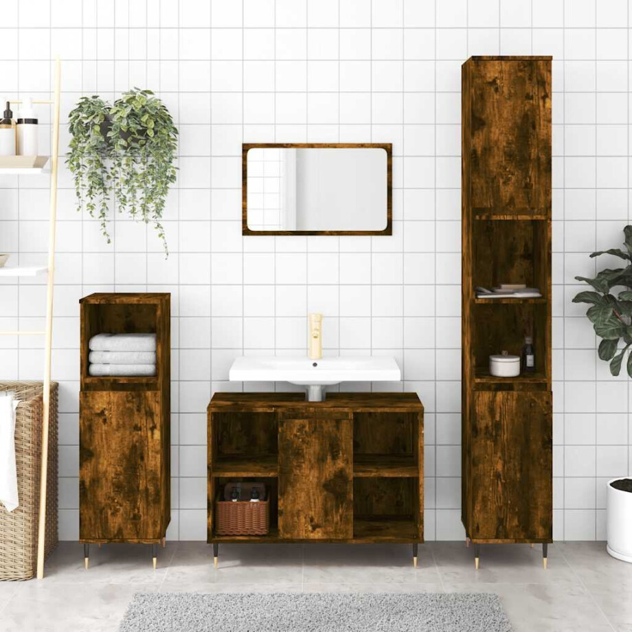 vidaXL Badkamerkast 30x30x100 cm bewerkt hout gerookt eikenkleurig afbeelding 1