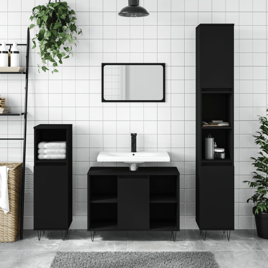 vidaXL Badkamerkast 30x30x100 cm bewerkt hout zwart afbeelding 1