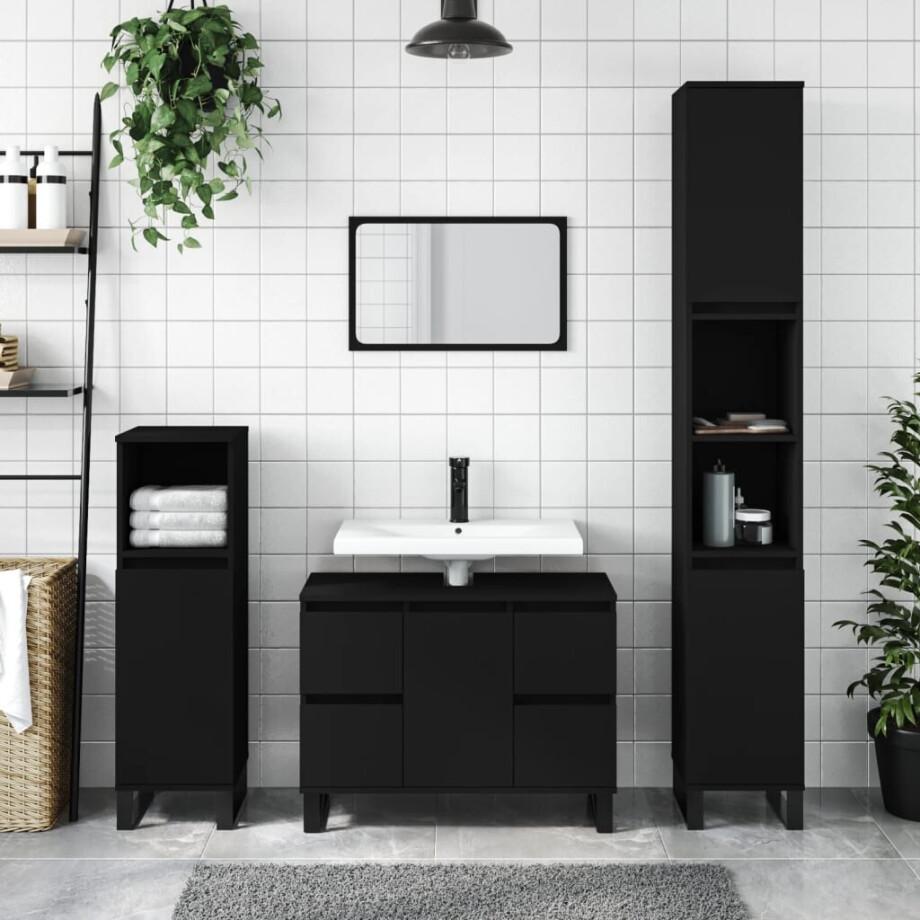 vidaXL Badkamerkast 30x30x100 cm bewerkt hout zwart afbeelding 1