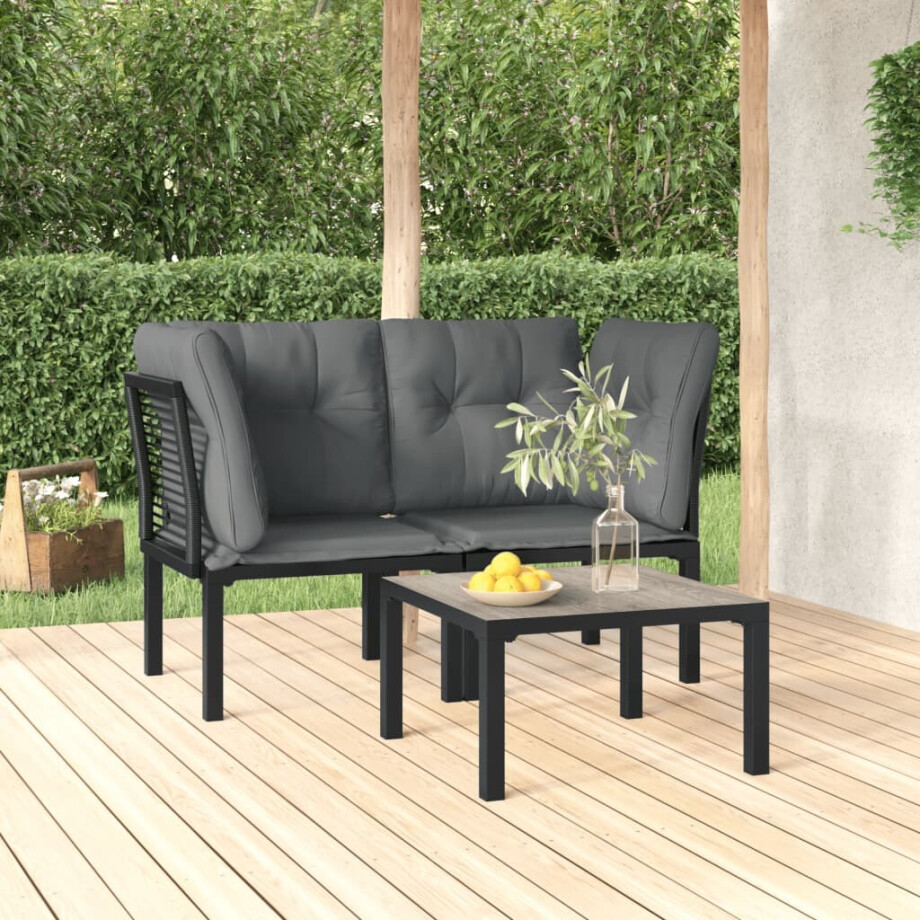 vidaXL 3-delige Loungeset met kussens poly rattan zwart en grijs afbeelding 1