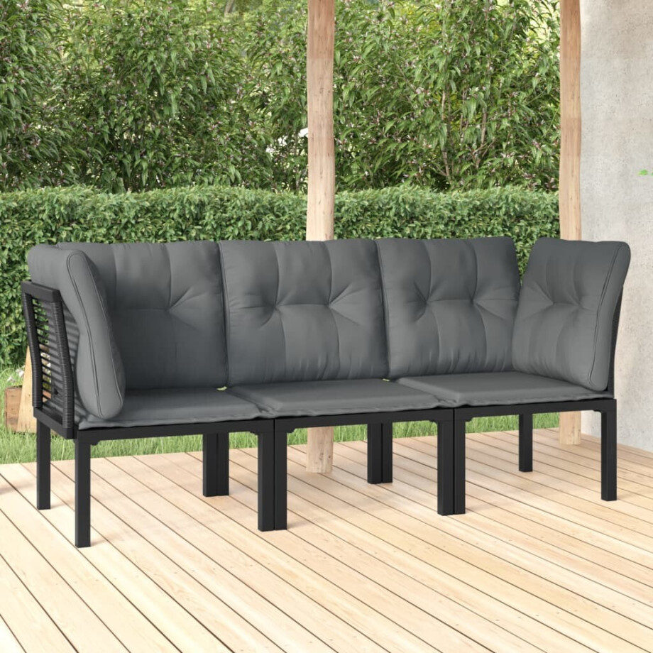 vidaXL 3-delige Loungeset met kussens poly rattan zwart en grijs vidaXL 3-delige Loungeset met kussens poly rattan zwart en grijs afbeelding 1