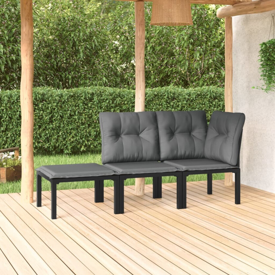 vidaXL 3-delige Loungeset met kussens poly rattan zwart en grijs vidaXL 3-delige Loungeset met kussens poly rattan zwart en grijs afbeelding 1