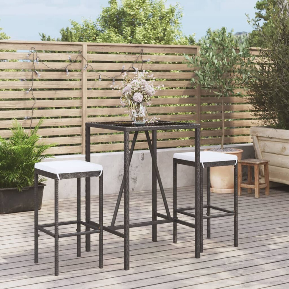 vidaXL 3-delige Tuinbarset met kussens poly rattan zwart afbeelding 1