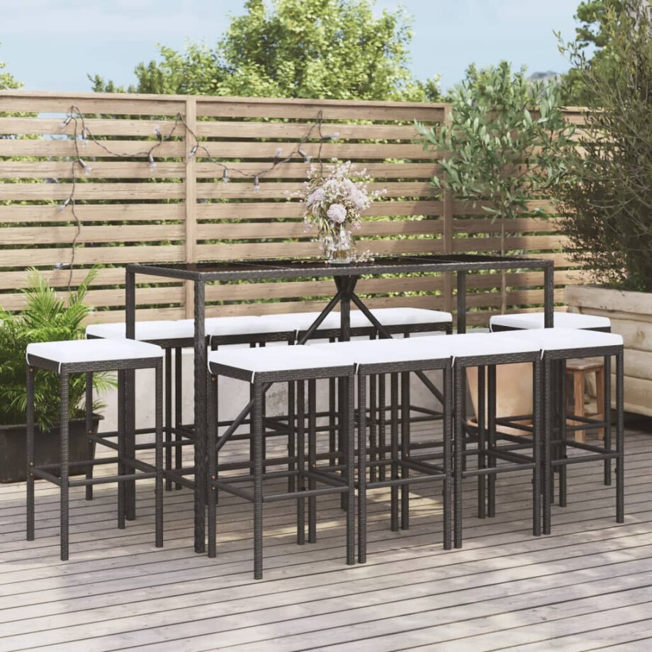 vidaXL 11-delige Tuinbarset met kussens poly rattan zwart afbeelding 1