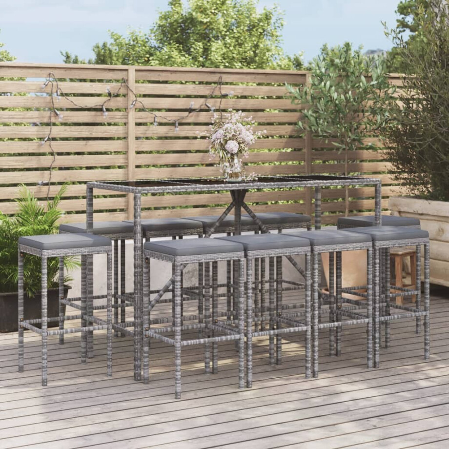 vidaXL 11-delige Tuinbarset met kussens poly rattan grijs vidaXL 11-delige Tuinbarset met kussens poly rattan grijs afbeelding 1