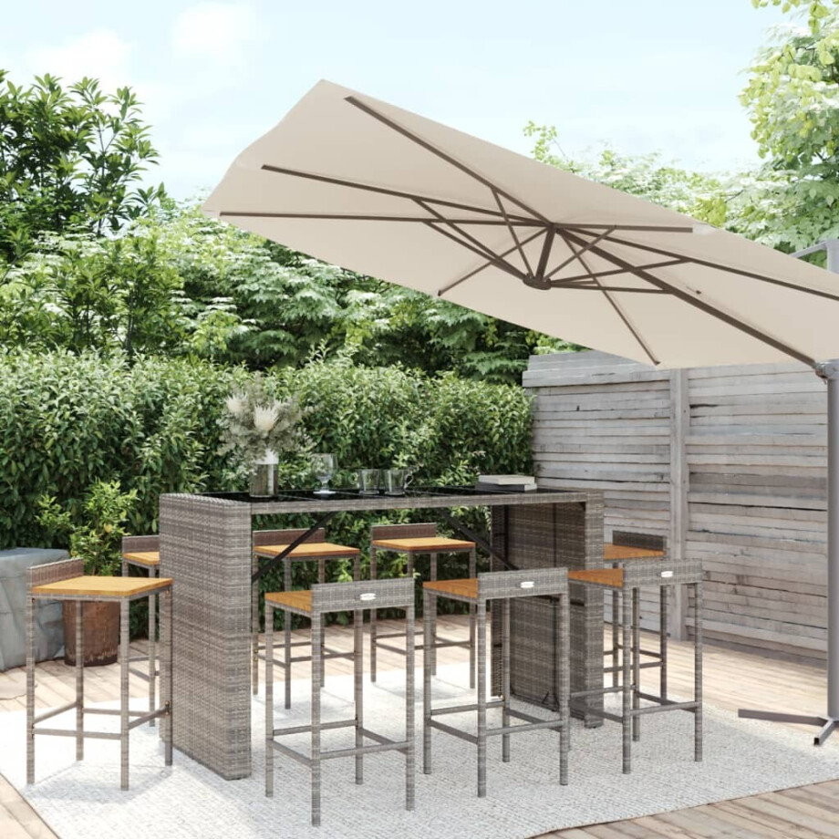 vidaXL 9-delige Tuinbarset poly rattan en massief acaciahout grijs vidaXL 9-delige Tuinbarset poly rattan en massief acaciahout grijs afbeelding 1