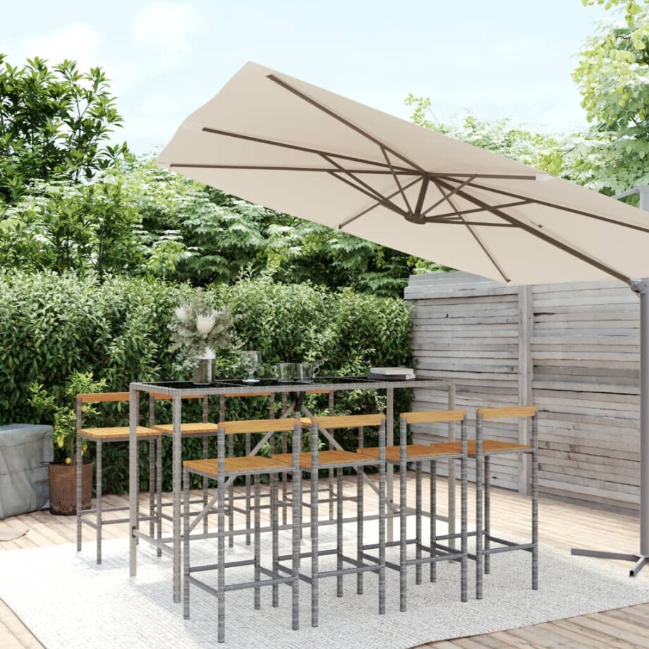 vidaXL 9-delige Tuinbarset poly rattan en massief acaciahout grijs vidaXL 9-delige Tuinbarset poly rattan en massief acaciahout grijs afbeelding 1