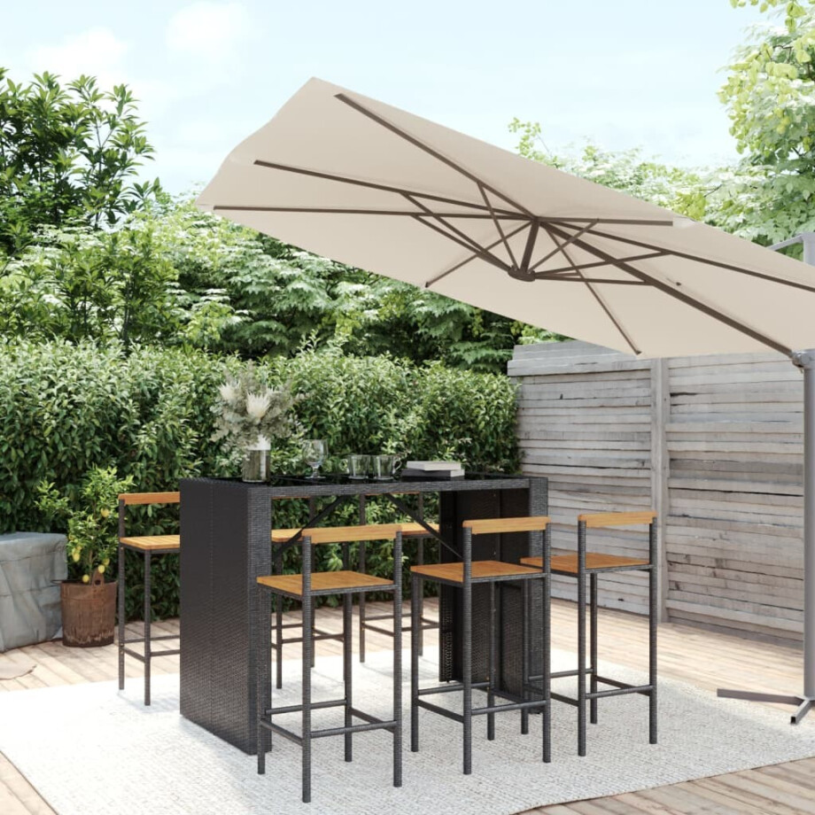 vidaXL 7-delige Tuinbarset poly rattan en massief acaciahout zwart afbeelding 1