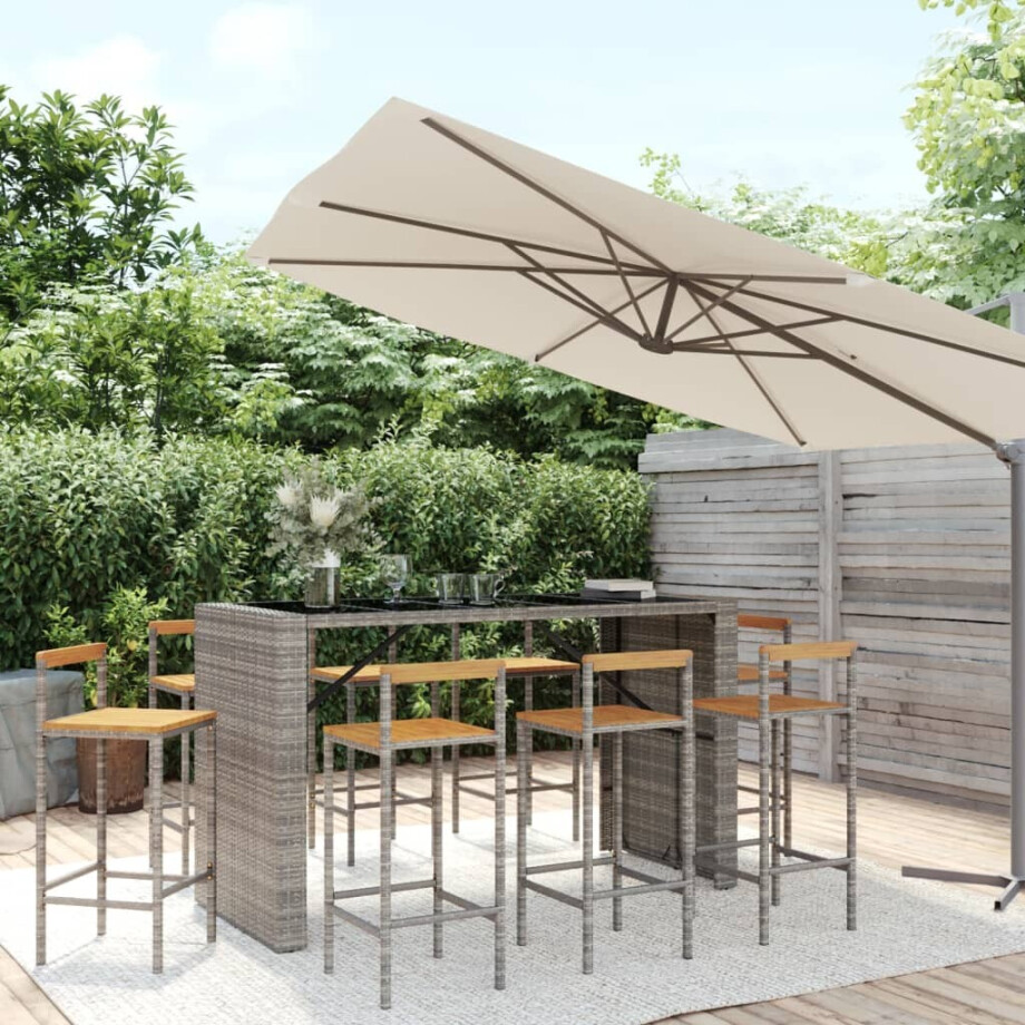 vidaXL 9-delige Tuinbarset poly rattan en massief acaciahout grijs vidaXL 9-delige Tuinbarset poly rattan en massief acaciahout grijs afbeelding 1