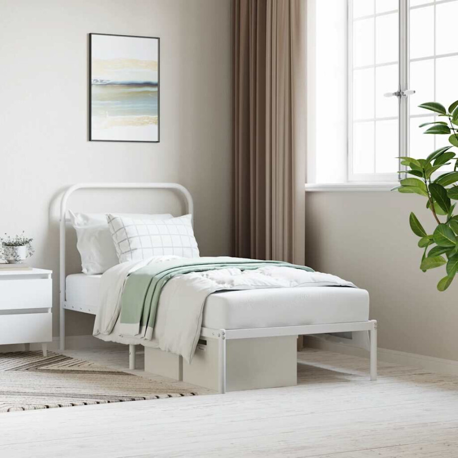 vidaXL Bedframe met hoofdbord metaal wit 90x190 cm afbeelding 1