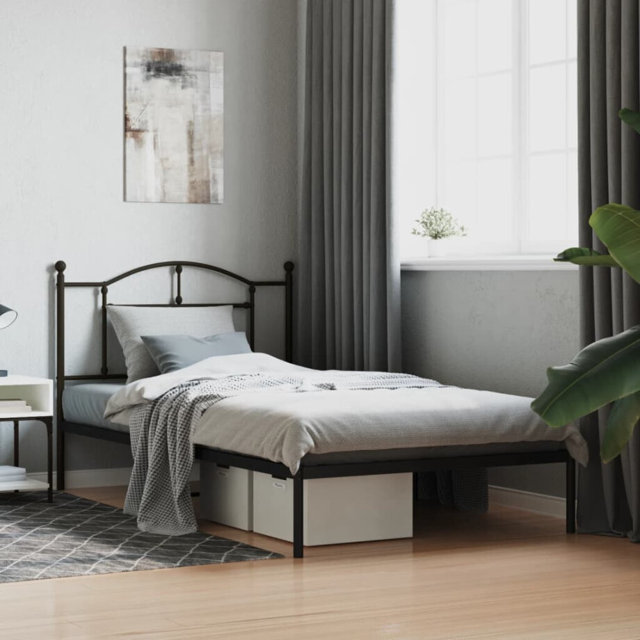 vidaXL Bedframe met hoofdbord metaal zwart 107x203 cm afbeelding 1