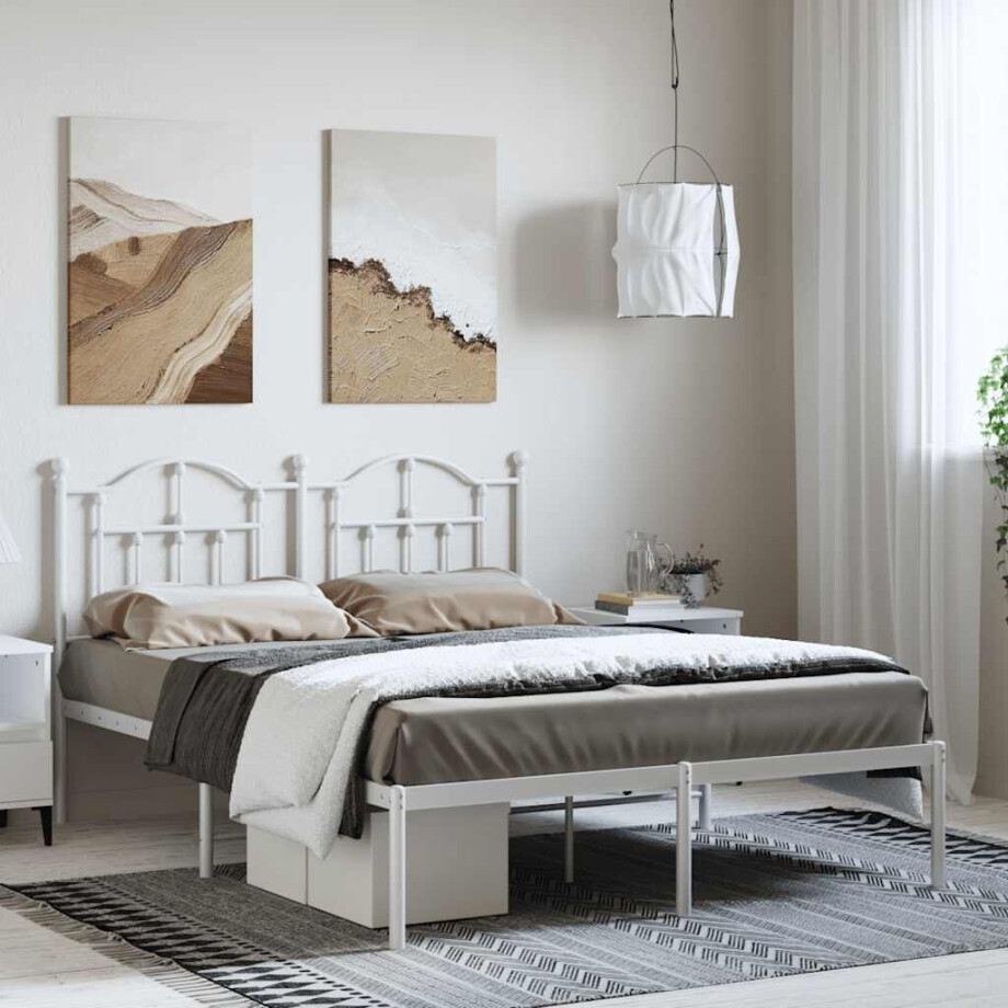 vidaXL Bedframe met hoofdbord metaal wit 150x200 cm afbeelding 1