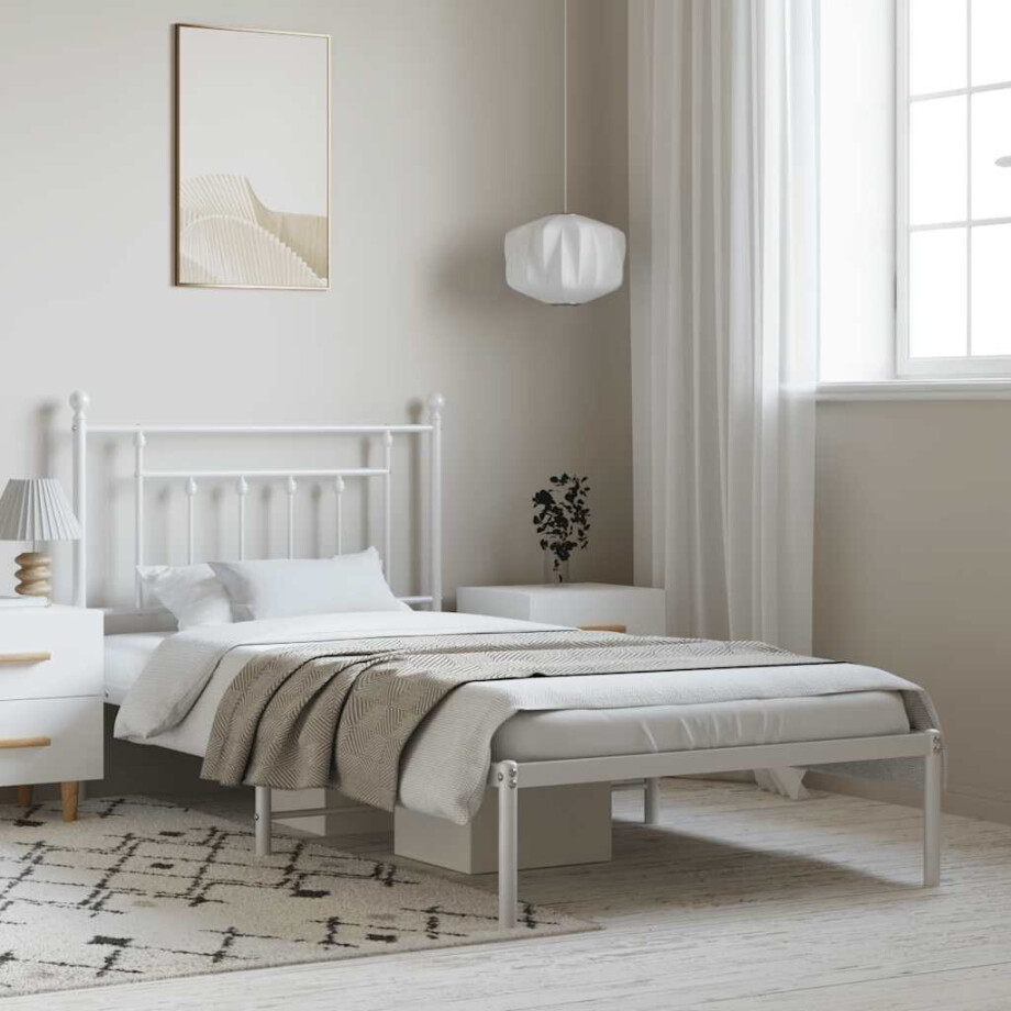 vidaXL Bedframe met hoofdbord metaal wit 100x190 cm vidaXL Bedframe met hoofdbord metaal wit 100x190 cm afbeelding 1