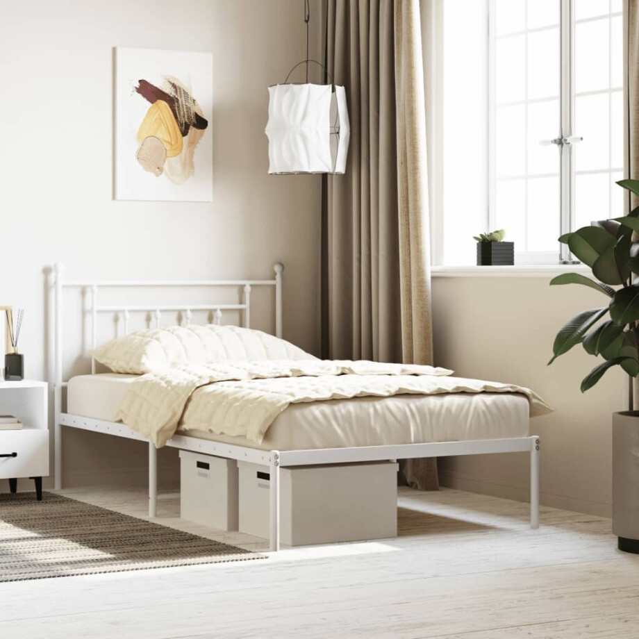 vidaXL Bedframe met hoofdbord metaal wit 107x203 cm afbeelding 1