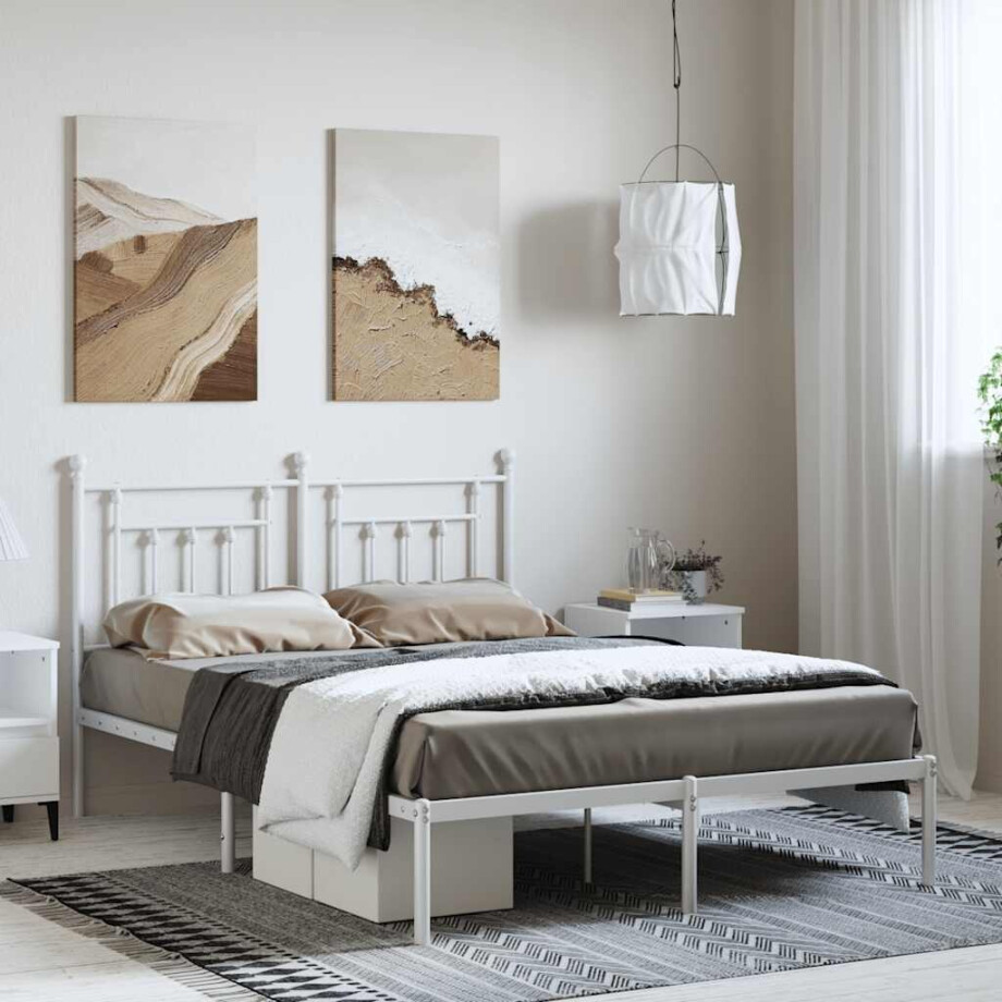 vidaXL Bedframe met hoofdbord metaal wit 150x200 cm afbeelding 1