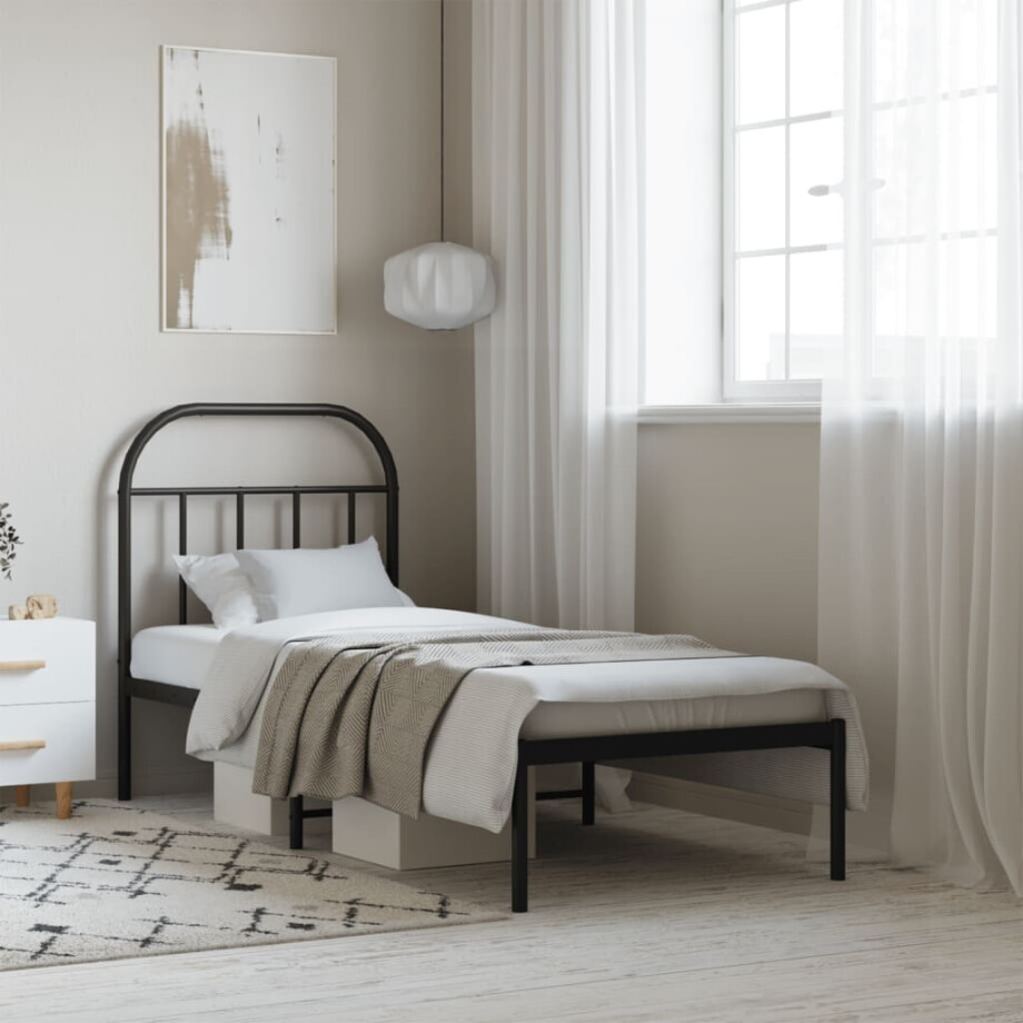 vidaXL Bedframe met hoofdbord metaal zwart 75x190 cm afbeelding 1