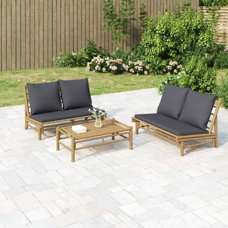 vidaXL Tuinbank met donkergrijze kussens bamboe afbeelding 1