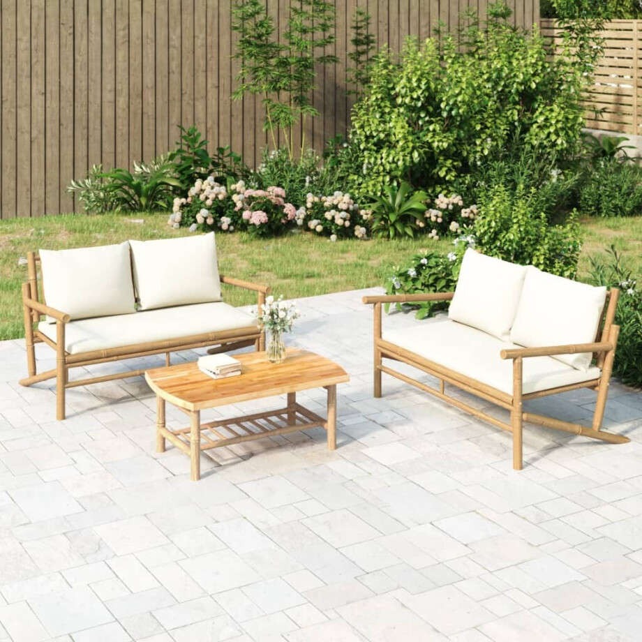 vidaXL Tuinbank met crèmewitte kussens bamboe afbeelding 1