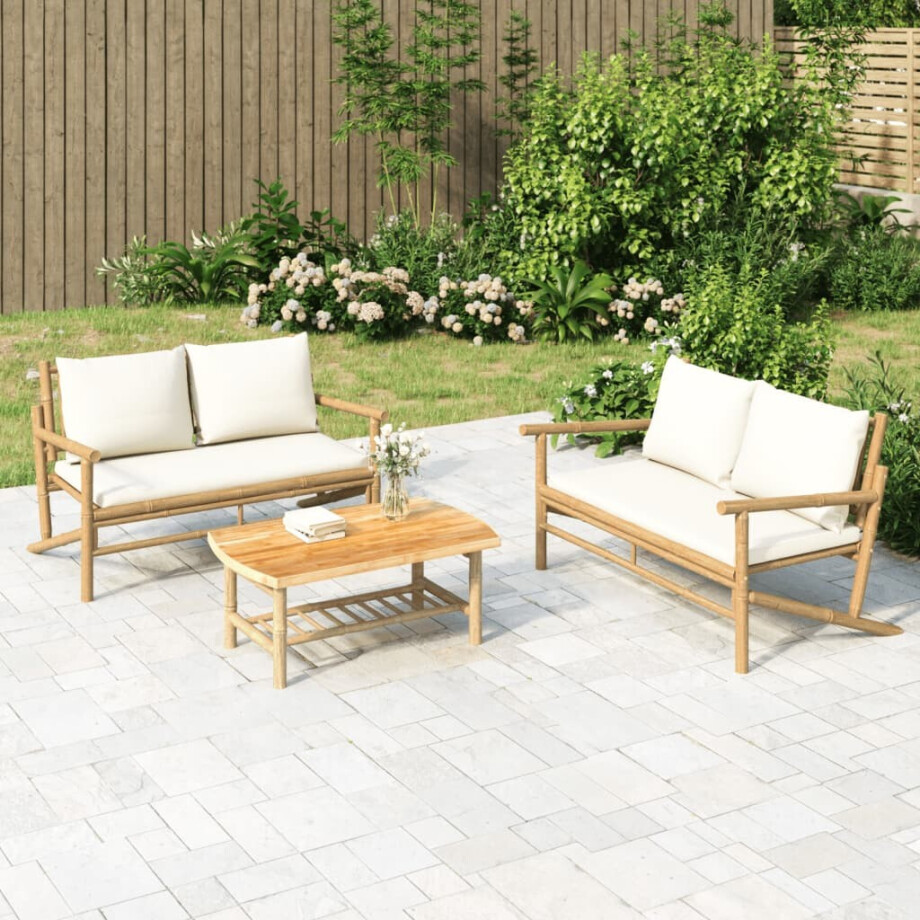 vidaXL 2-delige Loungeset met kussens bamboe crèmewit vidaXL 2-delige Loungeset met kussens bamboe crèmewit afbeelding 1