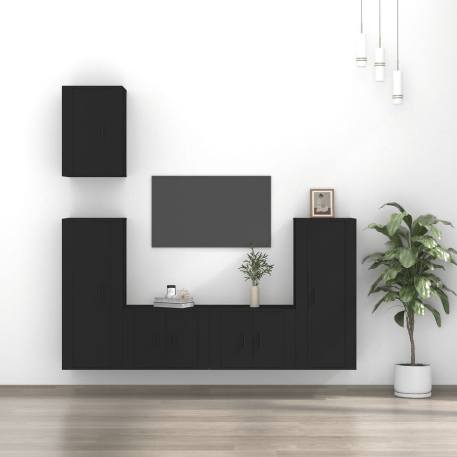 vidaXL 5-delige Tv-meubelset bewerkt hout zwart afbeelding 1