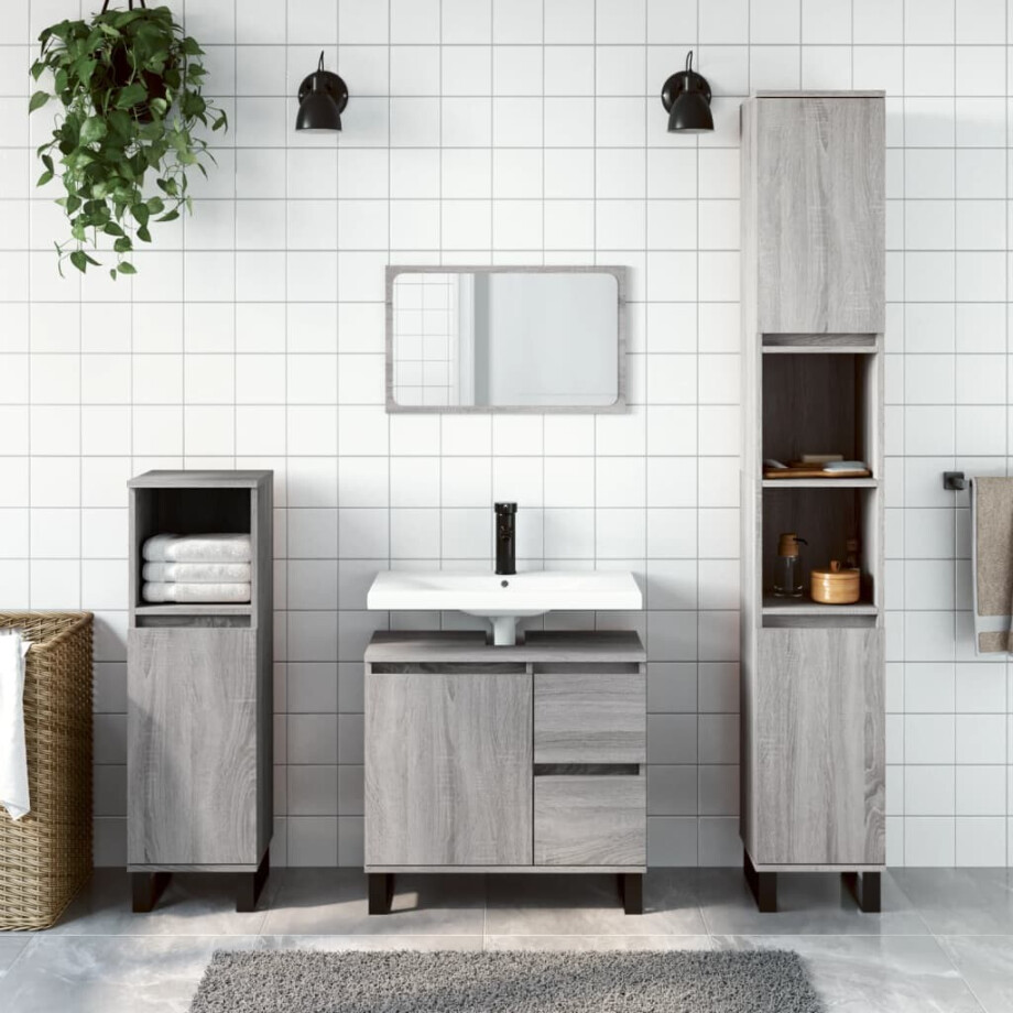 vidaXL 3-delige Badkamermeubelset bewerkt hout grijs sonoma eikenkleur afbeelding 1