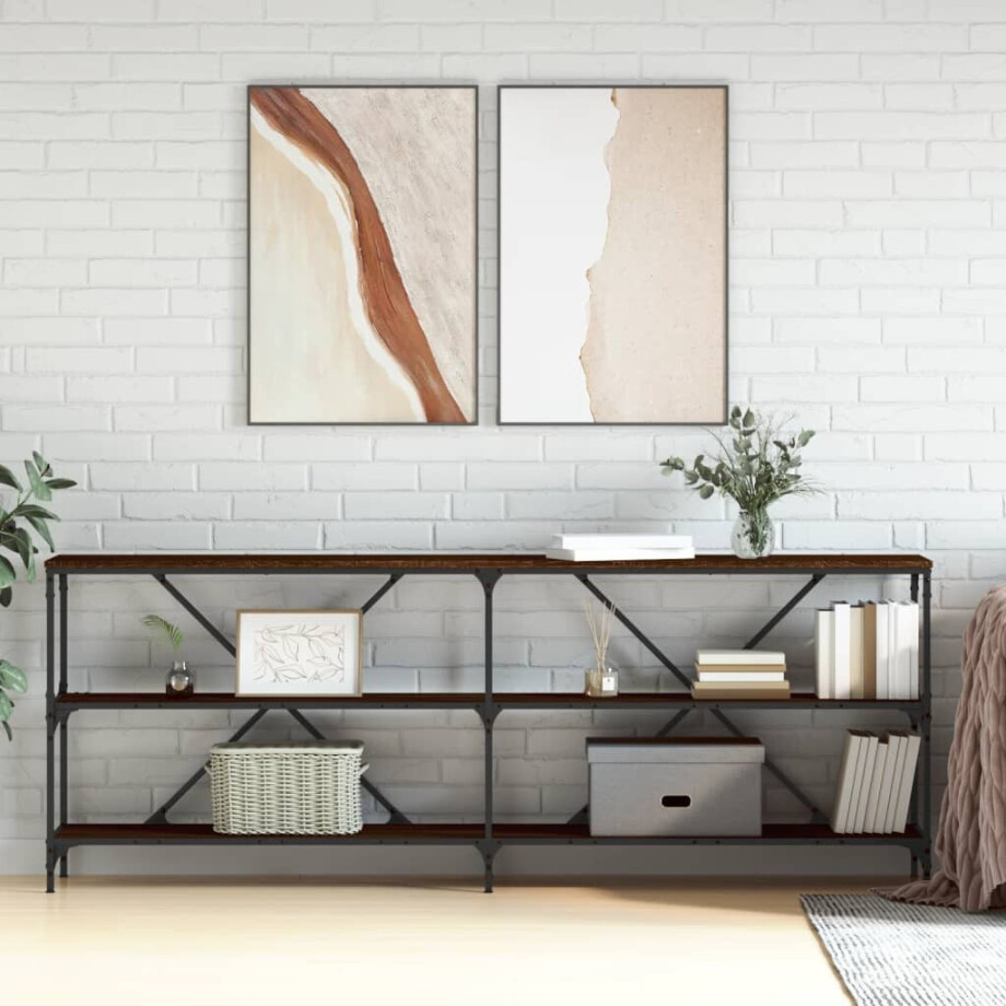 vidaXL Wandtafel 200x30x75 cm bewerkt hout en ijzer bruin eikenkleur afbeelding 1