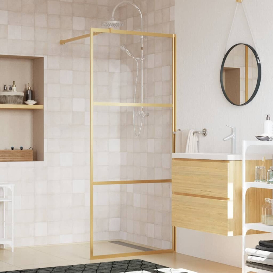 vidaXL Inloopdouchewand transparant 90x195 cm ESG-glas goudkleurig afbeelding 1
