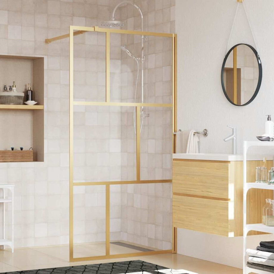 vidaXL Inloopdouchewand transparant 100x195 cm ESG-glas goudkleurig afbeelding 1