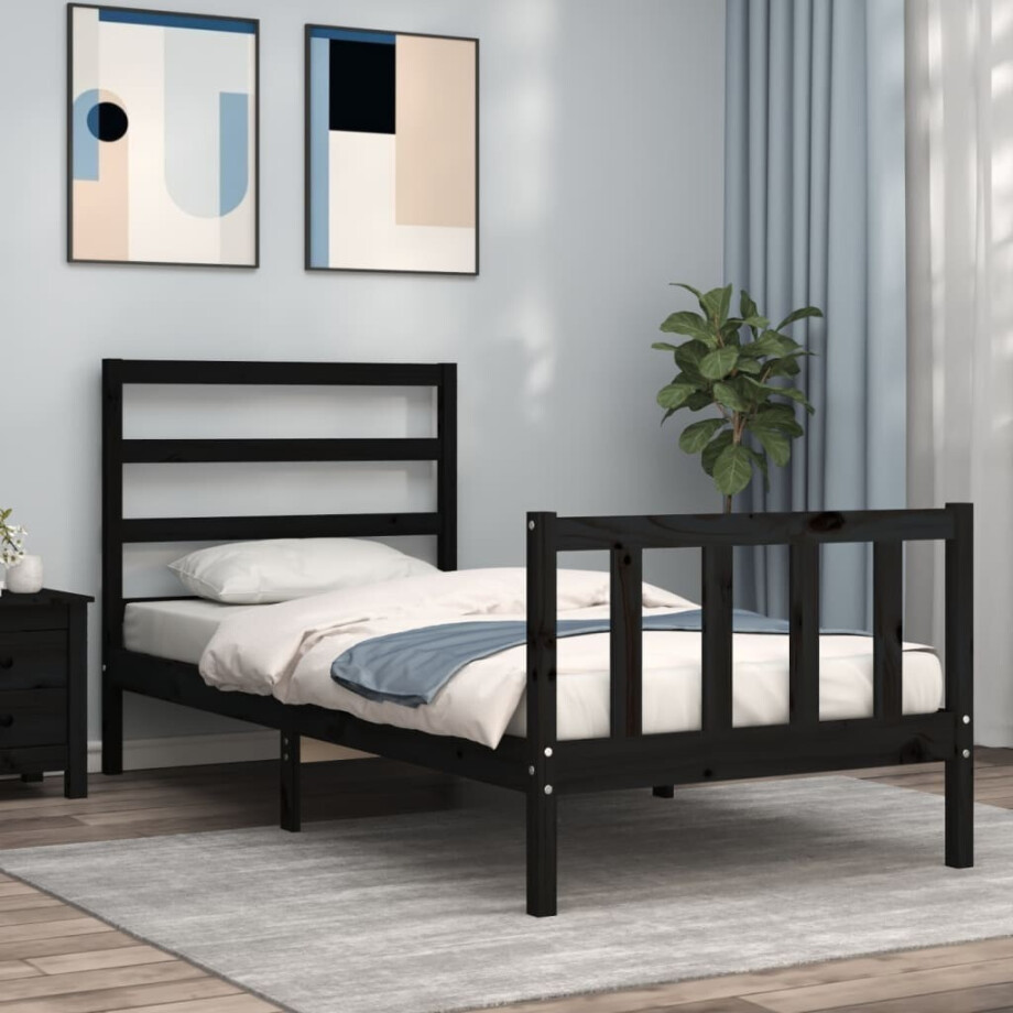 vidaXL Bedframe met hoofdbord massief hout zwart afbeelding 1