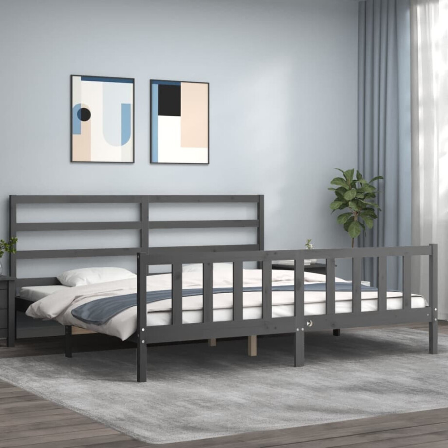 vidaXL Bedframe met hoofdbord massief hout grijs 200x200 cm afbeelding 1