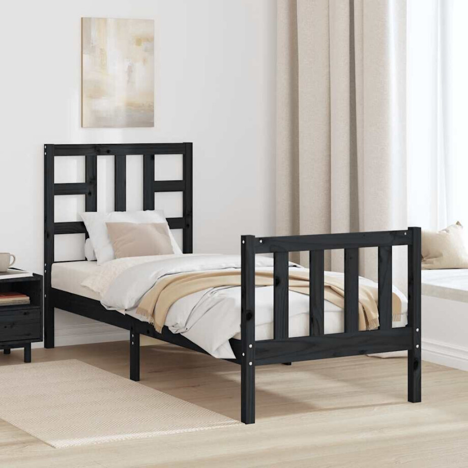 vidaXL Bedframe met hoofdbord massief hout zwart afbeelding 1