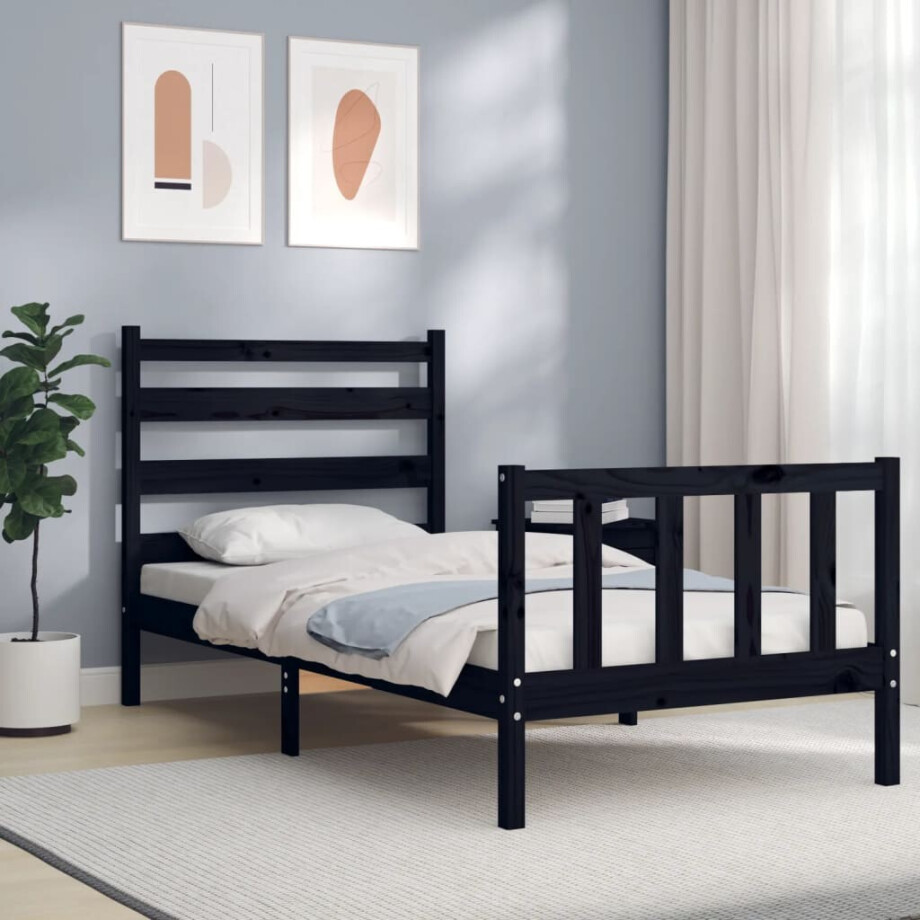 vidaXL Bedframe met hoofdbord massief hout zwart vidaXL Bedframe met hoofdbord massief hout zwart afbeelding 1